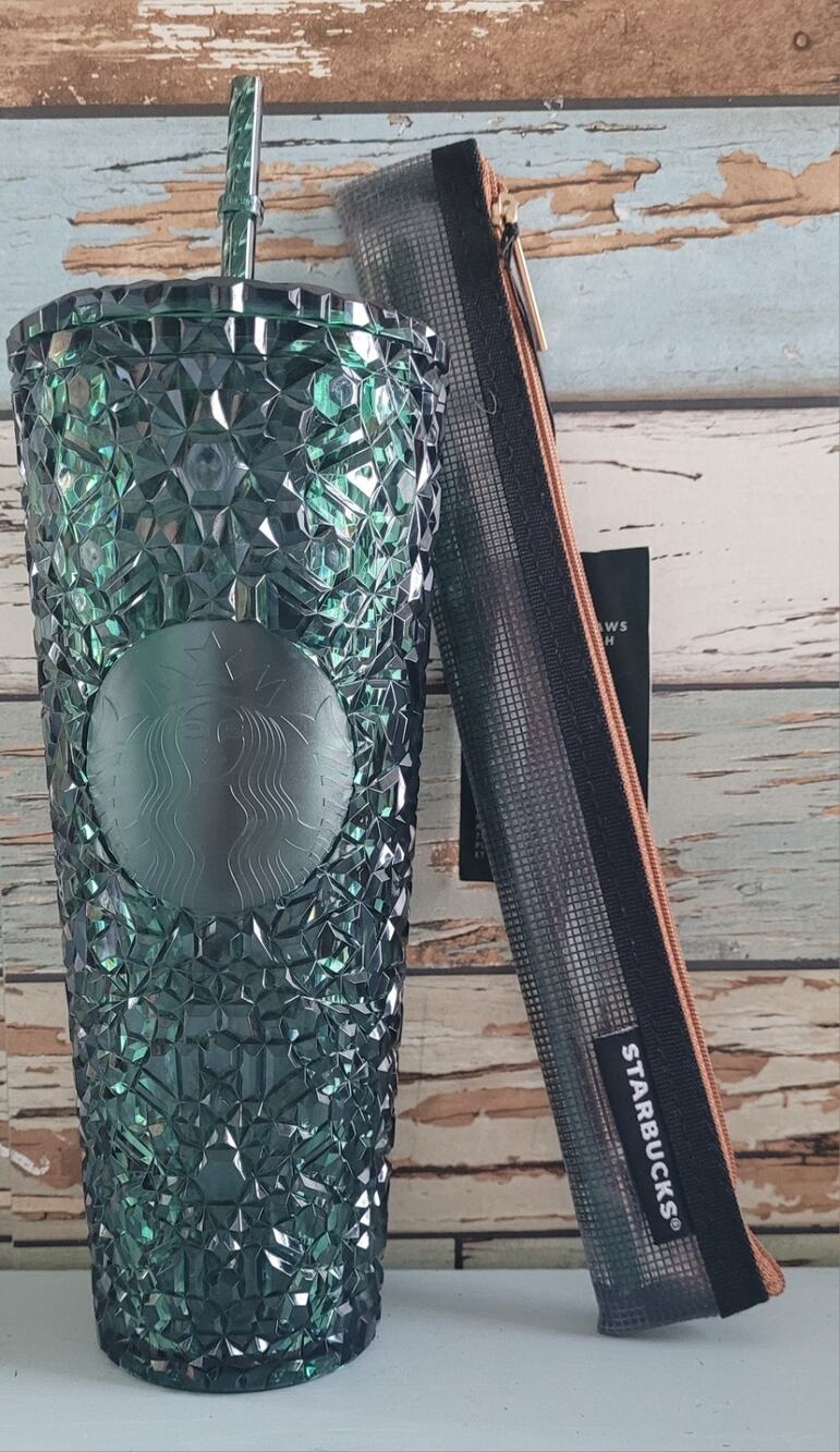 Starbucks Green Jeweled Tumbler Cold Cup w Straw + Starbucks Pouch NEW